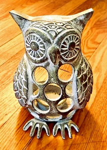OWL LUMINARY LANTERN—WEATHERED GREEN CAST METAL—TEALIGHT CANDLE HOLDER—EUC CLEAN - Picture 1 of 7