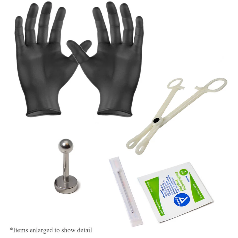 Labret Piercing Kit Lip 16ga Piercing Jewelry Gloves Clamp Needle 5 piece  - Image 1 of 3