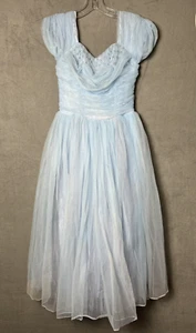 Vtg 50s/60's Women's Small Pale Blue Beaded Satin Tulle Prom Dress Hip Hop Dance - Picture 1 of 17