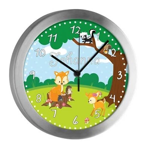 Kinderuhr mit Namen Kinder Funkuhr leise Wanduhr Kinderzimmer Uhr Waldtiere - Bild 1 von 6
