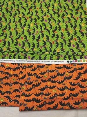 2 Piece Halloween Fabric Lot Andover Dem Bones 2011 Bats Orange Green Black(#150 - Image 1 of 4