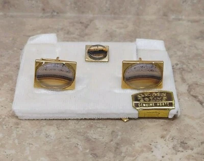 Vintage Agate Cuff Links & Tie Pin Set Gold Toned - Image 1 of 4