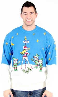 Взрослый синий дурацкий уродливый рождественский свитер Северный полюс Санта стриптизерша эльф деньги - Изображение 1 из 4