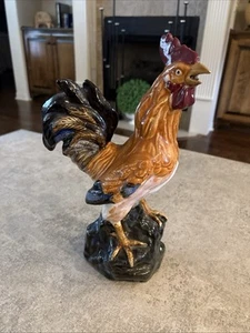 Vintage Lg GLOSSY Ceramic Rooster Figurine Statue 13.5" Multi Colors Details G40 - Picture 1 of 6