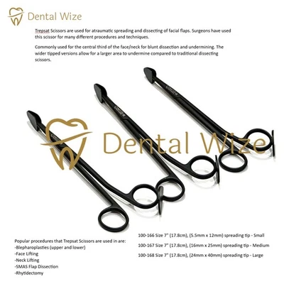Trepsat Facial Flap Dissector Scissors Set 3pcs 10mm 15mm 20mm Black Surgical - Image 1 of 3