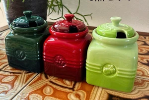Le creuset Mini Sauce Spice Green Red And Lignt Green Jam Jars Set of 3 Used - Picture 1 of 4