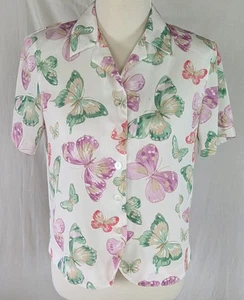 Alfred Dunner Woman Shirt Sz 8P Petite Green Red Purple Butterfly Crinkle Poly - Picture 1 of 6