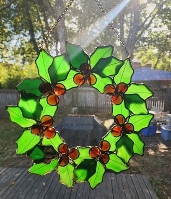 NOS Stained Glass Christmas Holly Berry Wreath 10" Hanging Window Suncatcher - Image 1 of 4
