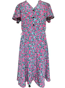 Vintage Kleid Blumenmuster rosa grün schwarz voller Rock Passform modern 12 14 - Bild 1 von 12