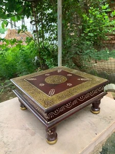 Banco decorativo bajo Chowki de madera tradicional indio bajot grabado a mano - Imagen 1 de 7