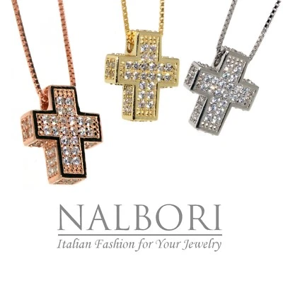 collana croce argento 925 massiccio scatolata 3D pave' zirconi collier ciondolo - Immagine 1 di 4