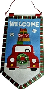 CHRISTMAS Hanging Felt Sign  BRINGING HOME THE GIFTS  22" X 12 1/4"  Rope Hanger - Picture 1 of 1