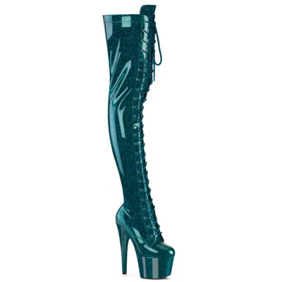 PLEASER ADORE-3020GP 7" Green Glitter Platform  Lace Up Womens Thigh High Boots - Image 1 of 4