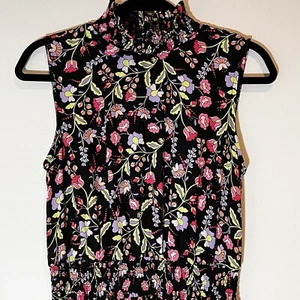 Nanette Lepore Dress Black Floral Midi Smocked Neck & Waist Sleeveless 8 - Picture 1 of 7