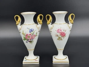 Pair of Kaiser West Germany Porcelain Floral Vases w/ Swan Handles - Picture 1 of 13