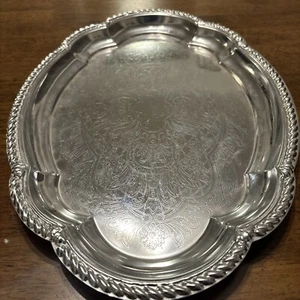 Vintage Oval Ornate Serving Tray - Chrome Floral Geometric Pattern - Picture 1 of 4