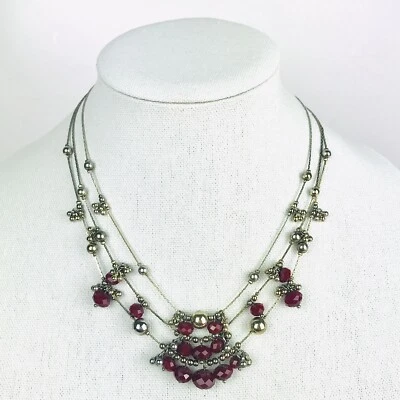Collar Coldwater Creek 3 Niveles Rojo Arándano Cuentas Facetadas en Cadena Tono Plata Foto 1 de 4