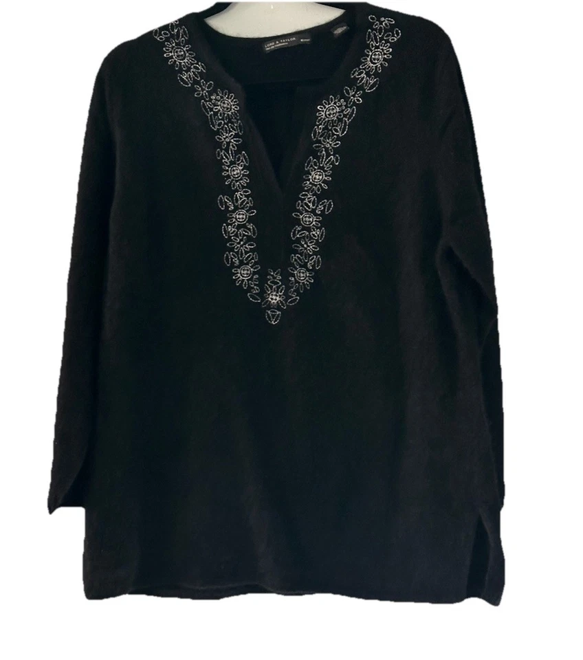 Lord & Taylor Black 2 Ply Cashmere Sweater Embroidered Split Neck Plus Size 3X - Image 1 of 4