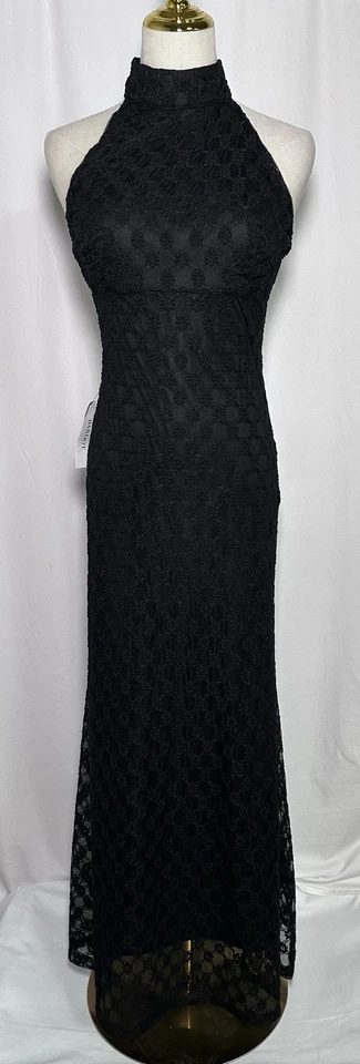 Bardot Maxi Gown Dress Large Sleeveless High Neck Halter Open Back Lace Black - Image 1 of 4
