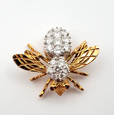 VTG Herbert Rosenthal 2ctw 19 Diamond 2 Ruby 18k Yellow Gold Bee Pin Brooch 10g - Image 1 of 4