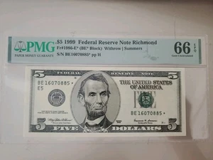 Star Note 🌟 1999 $5 Dollars FRN  Richmond PMG 66 EPQ GEM UNC - Picture 1 of 2