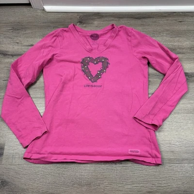 Camiseta trituradora Life is Good rosa manga larga corona de vacaciones corazón talla pequeña Foto 1 de 4