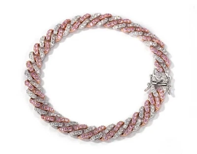 7Ct Round Cut Simulated Pink Ruby Cuban Link Bracelet 14K white Gold Plated 7.5" - Image 1 of 4