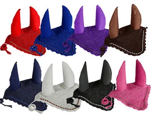 HORSE EAR NET CROCHET FLY VEIL EQUESTRIAN WITH PIPING FULL, COB, PONY-8 COLORS - Picture 1 of 9