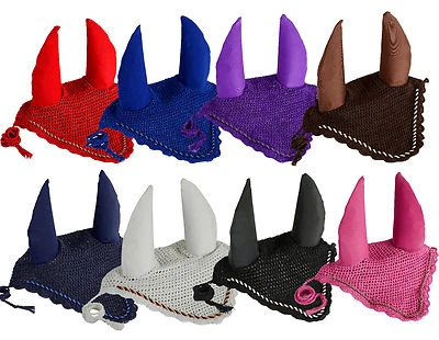 PERFECT CHOICE HORSE EAR NET CROCHET FLY VEIL EQUESTRIAN WITH PIPING FULL, COB, PONY-8 COLORS
