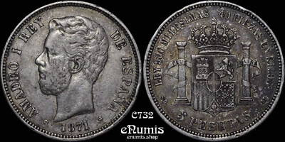 SPAIN, Amadeo I, 5 Pesetas 1871 SD-M, toned, VF+ - Image 1 of 4