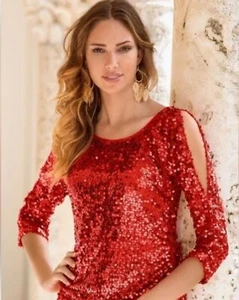 Size XS X-Small Boston Proper Red Sequin Cold-Shoulder Top Dressy Party Holiday - Picture 1 of 10