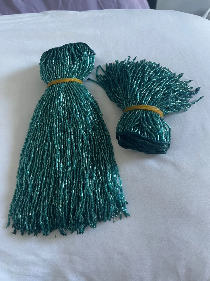 FRINGE DANZA DEL VIENTRE CON CUENTAS DE VIDRIO TURQUESA OSCURO 40" X 8" 40" X 4" Foto 1 de 1