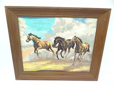 Marco de Madera Original Caballos Corriendo Sin Firmar Marrón Mustangs Pintura Acrílica Antigua Foto 1 de 4