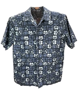 VTG 90's John Ashford Blue Hibiscus flower batik Hawaiin shirt L Retro preppy - Picture 1 of 7