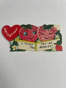 Anthropomorphe Erdbeeren Früchte Vintage ca. 1950er Valentinskarte neu unbenutzt NOS - Bild 1 von 3
