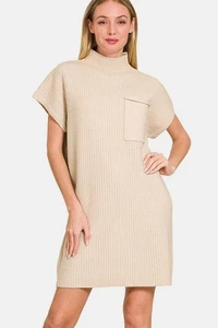 Beige Short Sleeve Sweater Mini Dress - Picture 1 of 4