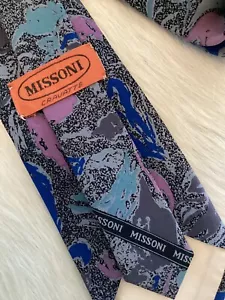 MISSONI Cravatte Vintage Silk Tie Abstract Black Lavender Blue Handmade Spain - Picture 1 of 7