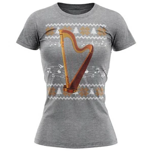 Harp Christmas T Shirt Instrument Her Brass Fair Isle Harpist Womens - Picture 1 of 11