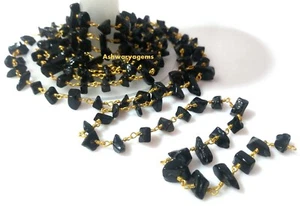 Black Onyx Chain beads Chip 3 Feet 4-6mm Smooth Rosary Beaded 24k Gold Plated - Picture 1 of 8
