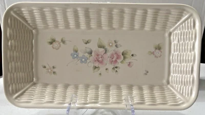 Vintage Pfaltzgraff Tea Rose basket weave rectangle tray - 12.5" X 6.75" - Image 1 of 4