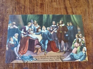 Vintage Linen Postcard Pilgrims On Board The Mayflower Provincetown Bx1-6 - Picture 1 of 2