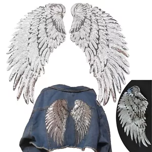 Silver Sequin Angel wing iron on patch pair 2 shiny fairy angle angels wings set - Picture 1 of 4