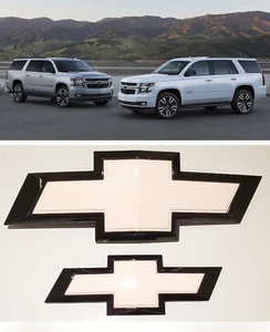 2015-2020 Front & Rear Chevrolet Tahoe Suburban Gloss Black White Bowtie Emblems - Picture 1 of 6