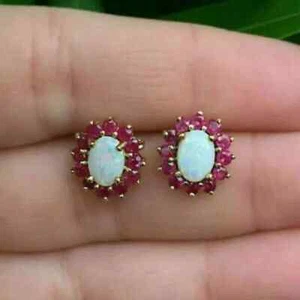 3Ct Lab-Created Opal & Red Ruby Women's Flower Stud Earrings 14K Yellow Gold Fn - Picture 1 of 3
