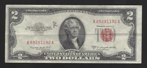 1953 B USA $2 Two Dollar Bill Series (A) Red Seal Number A69291192A Circulated - Picture 1 of 2