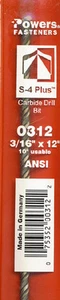 Powers Fasteners 0312 3/16 Zoll x 12 Zoll S-4 Plus™ SDS Hartmetallbohrer (10 Zoll verwendbar) - Bild 1 von 3