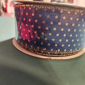 1 Roll RG Ribbon Blue with Gold Polka Dots Wired Ribbon - Picture 1 of 3