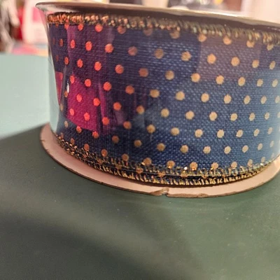 1 Roll RG Ribbon Blue with Gold Polka Dots Wired Ribbon - Image 1 of 3