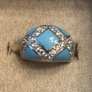Signed EG Sterling Silver Sleeping Beauty Turquoise DQ CZ Diamonique Ring Size 6 - Picture 1 of 6
