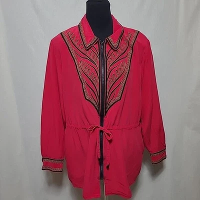 Bob Mackie Silk Tunic Top Size Large Red Black Gold Embroidered Wearable Art - Image 1 of 4